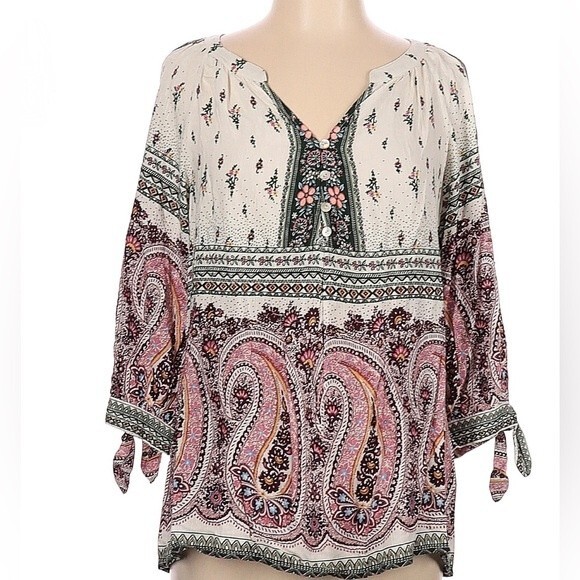 White pink and green paisley peasant top with tie sleeves size small - Picture 1 of 8